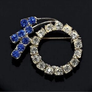 Vintage Silver Tone VENUS Feminist Symbol Brooch Pin w/ Blue Clear Rhinestones